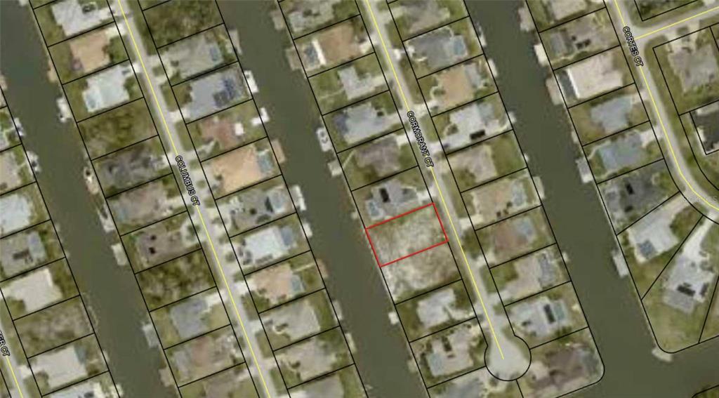 This is an aerial map showing a vacant residential lot outlined in red on a canal — 36 CORMORANT COURT, PALM COAST, FL