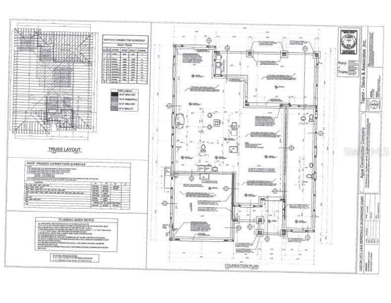 This is a technical architectural blueprint showing a foundation plan and roof truss layout — 36 CORMORANT COURT, PALM COAST, FL