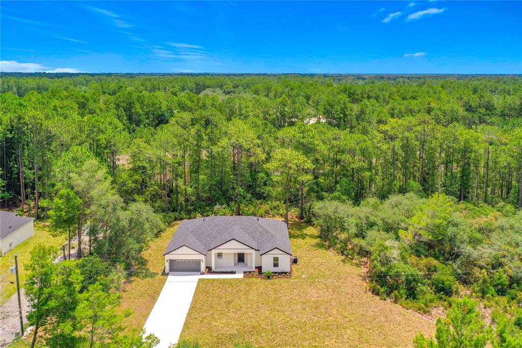 An aerial view shows a single-story house with a white exterior and a gray roof — 41334 PERSIMMON STREET, EUSTIS, FL
