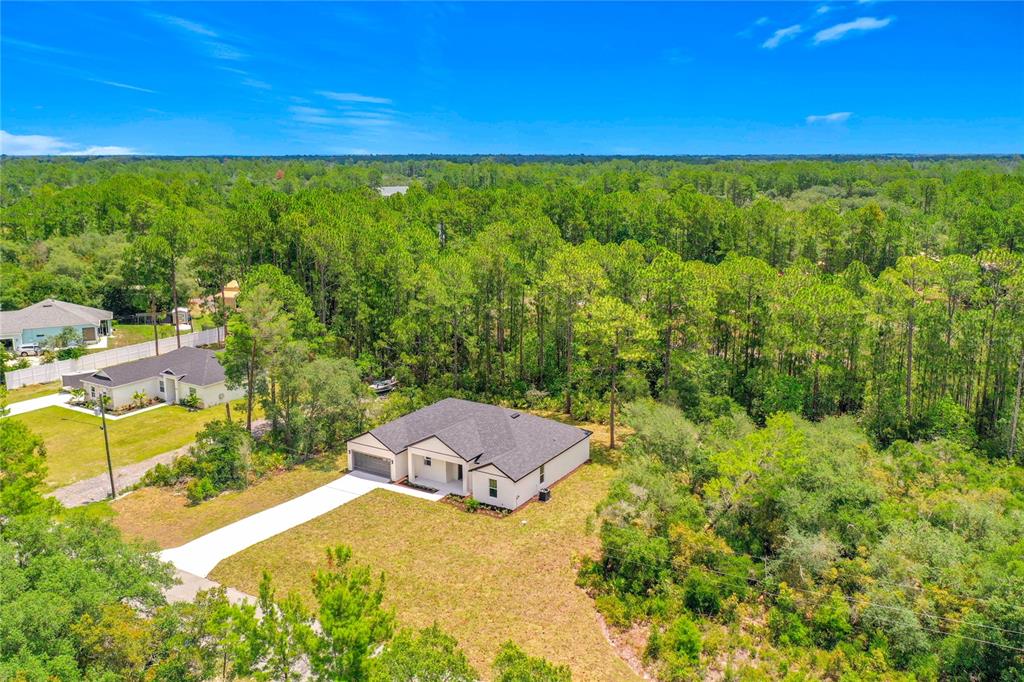 An aerial view shows a single-story house with a driveway surrounded by dense forest — 41334 PERSIMMON STREET, EUSTIS, FL