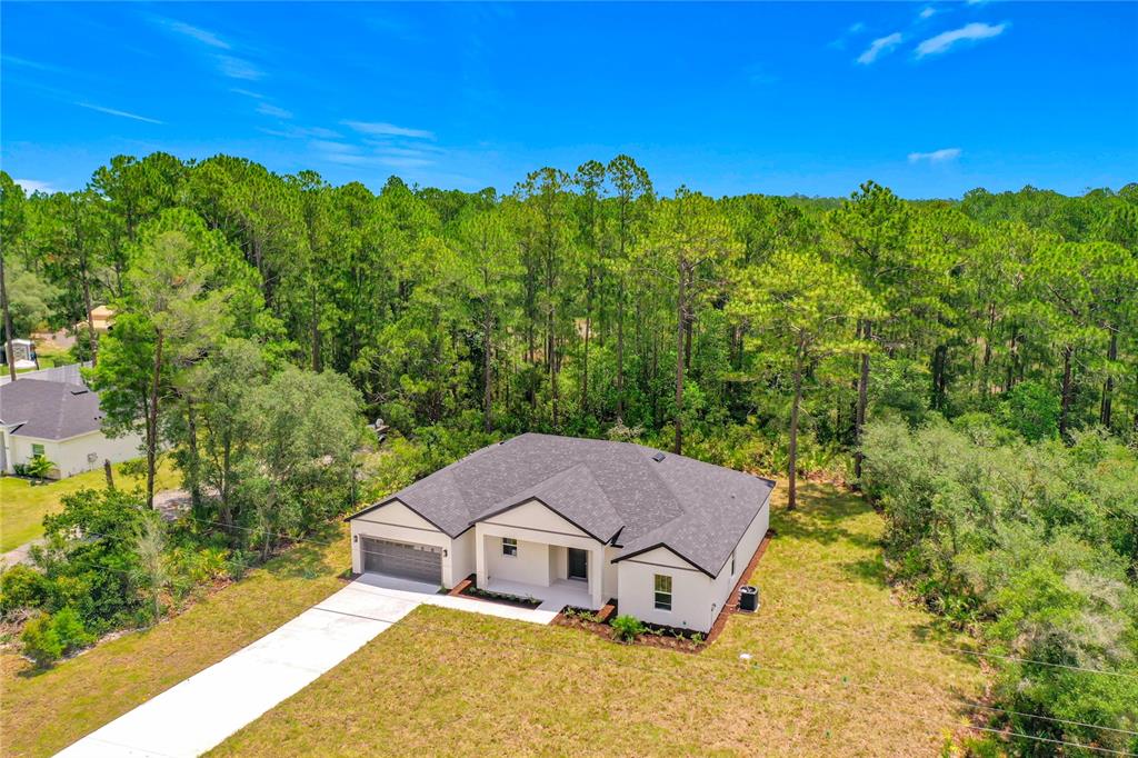 An aerial view shows a single-story house with a gray roof and a concrete driveway — 41334 PERSIMMON STREET, EUSTIS, FL