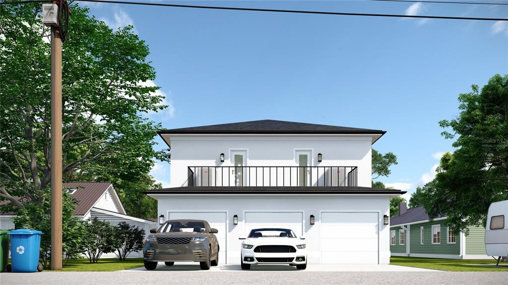 This is a digital rendering of a two-story residential building with a three-car garage — 2826 38TH AVENUE N, ST PETERSBURG, FL