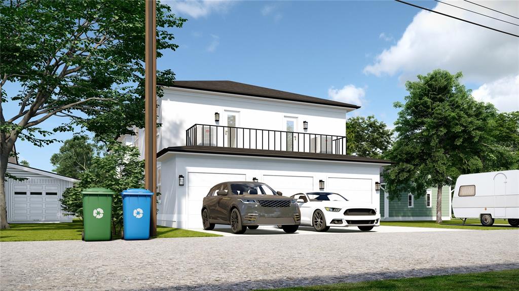 This is a rendering of a two-story white house with a balcony and three-car garage — 2826 38TH AVENUE N, ST PETERSBURG, FL