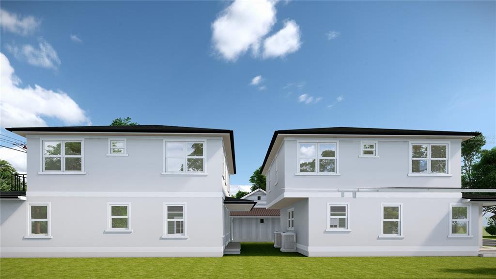 This is a digital rendering of the exterior rear view of two adjacent two-story houses — 2826 38TH AVENUE N, ST PETERSBURG, FL