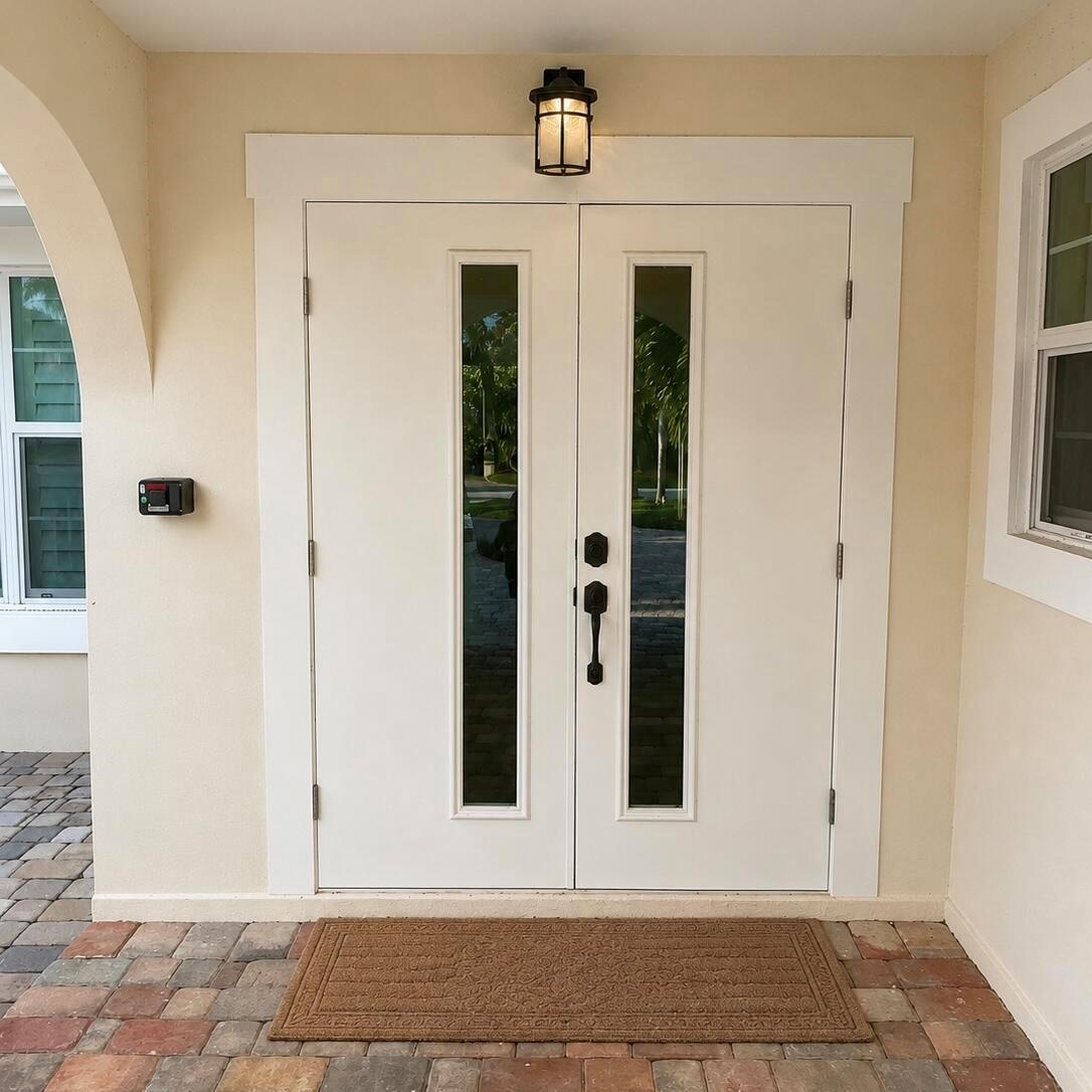 A white double front door with vertical glass panels sits under a porch light — 1023 NW SPRUCE RIDGE Drive, Stuart FL 34994, STUART, FL