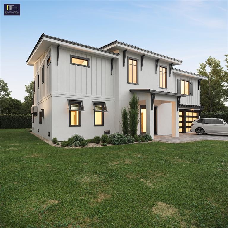 A digital rendering of a two-story modern farmhouse with white siding and a garage — 2560 BAYBREEZE STREET, ST JAMES CITY, FL