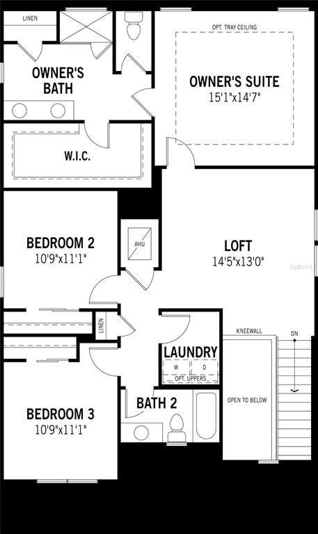 This is a floor plan of a residential second story featuring three bedrooms, a loft, and a laundry room — 13018 SUNSEED STREET, PARRISH, FL