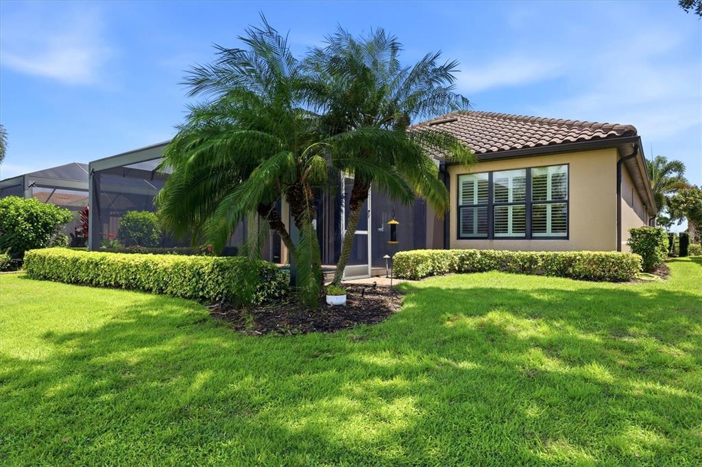 A backyard view of a house with a screened-in patio, palm tree, and manicured lawn — 12749 FONTANA LOOP, BRADENTON, FL