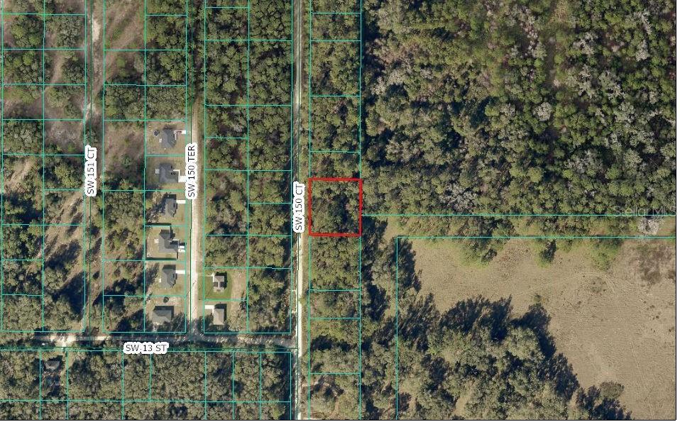 An aerial map view shows a rectangular plot of land outlined in red — 0 SW 150 COURT, OCALA, FL