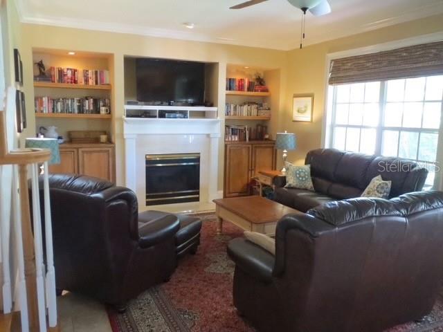 A living room features a fireplace, built-in bookshelves, leather furniture, and a large window — 3103 W WAVERLY AVENUE, TAMPA, FL