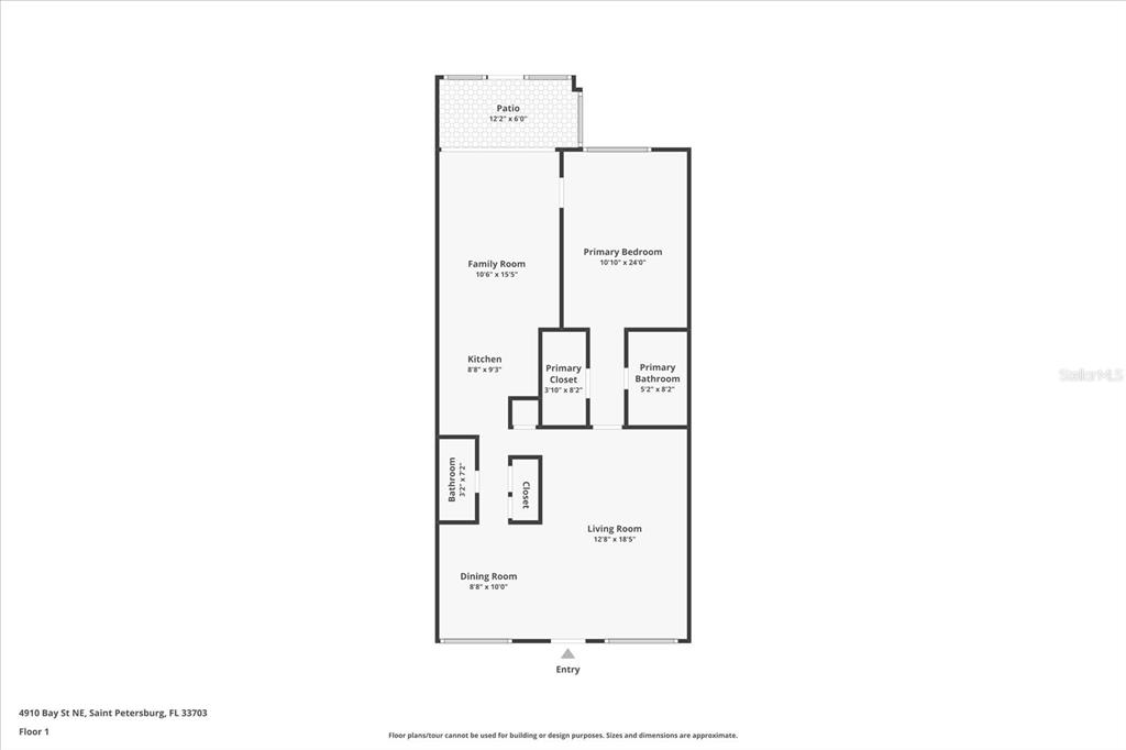 This is a floor plan for a one-bedroom apartment with a patio and two bathrooms — 4910 BAY STREET NE UNIT 105, ST PETERSBURG, FL
