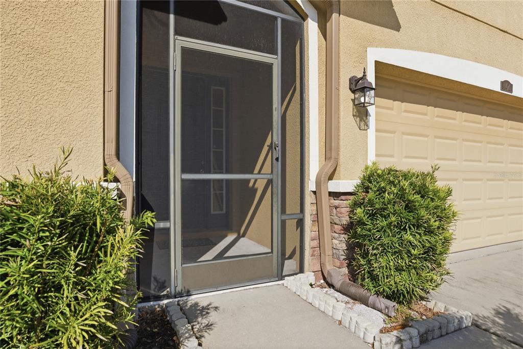 A tan house exterior features a screened front door, a garage, and two green bushes — 10420 PLEASANT SPRING WAY, RIVERVIEW, FL