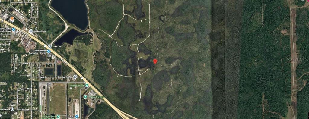 This is a satellite map view showing a red location pin over a wooded area — 407 DILL ROAD, ORLANDO, FL