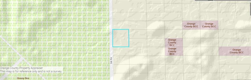 This is a map showing a parcel of land highlighted in blue along Dill Road — 407 DILL ROAD, ORLANDO, FL