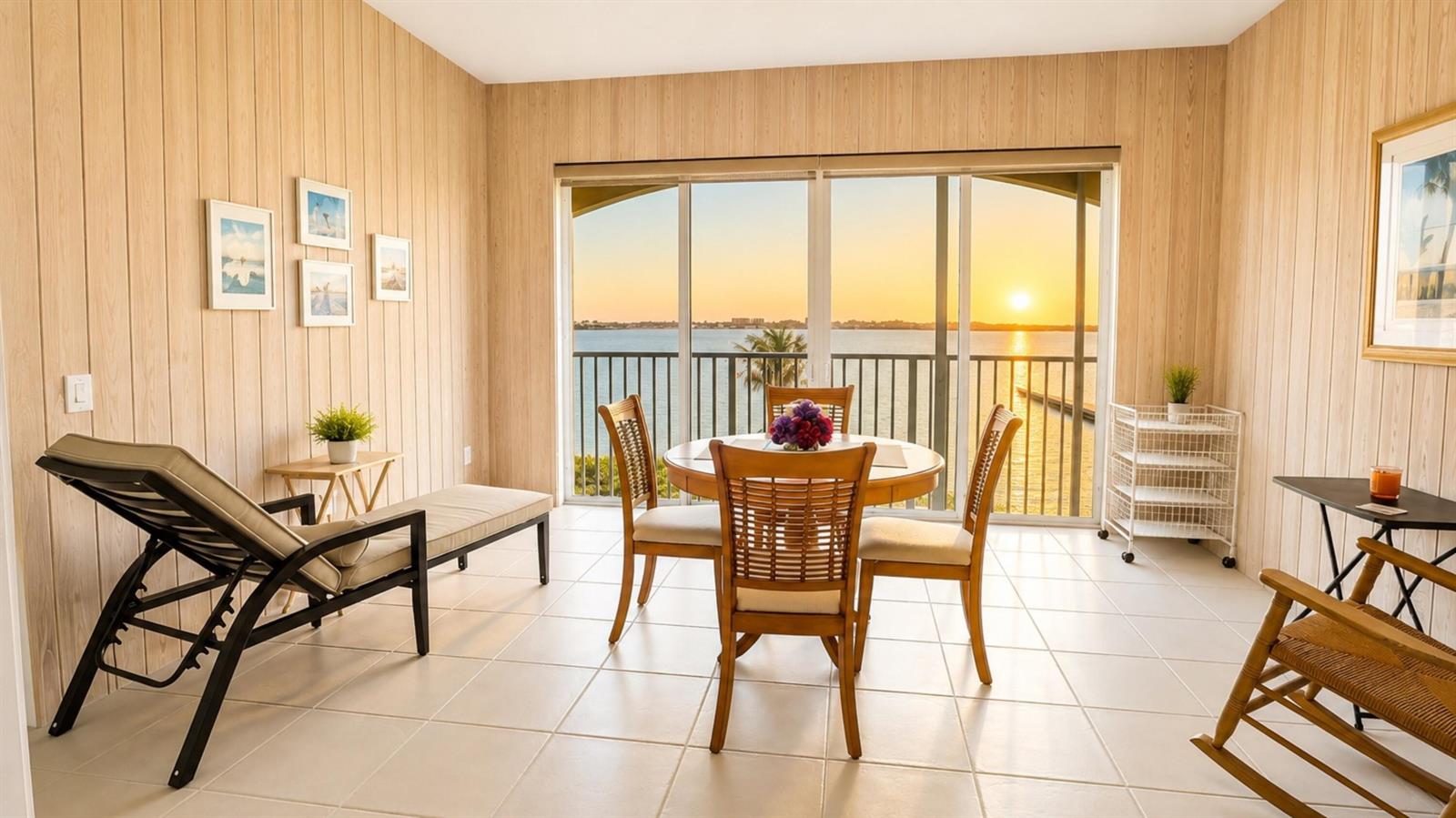 A dining area with wood-paneled walls and a balcony overlooking a sunset over water — 4 E Harbour Isle Drive E, Fort Pierce FL 34949, FORT PIERCE, FL