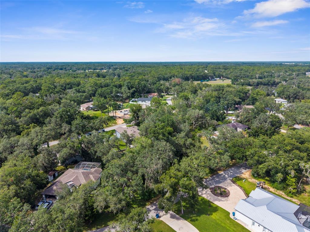 An aerial view shows several houses nestled among dense trees in a suburban neighborhood — 0 SHOREWOOD DRIVE, DADE CITY, FL