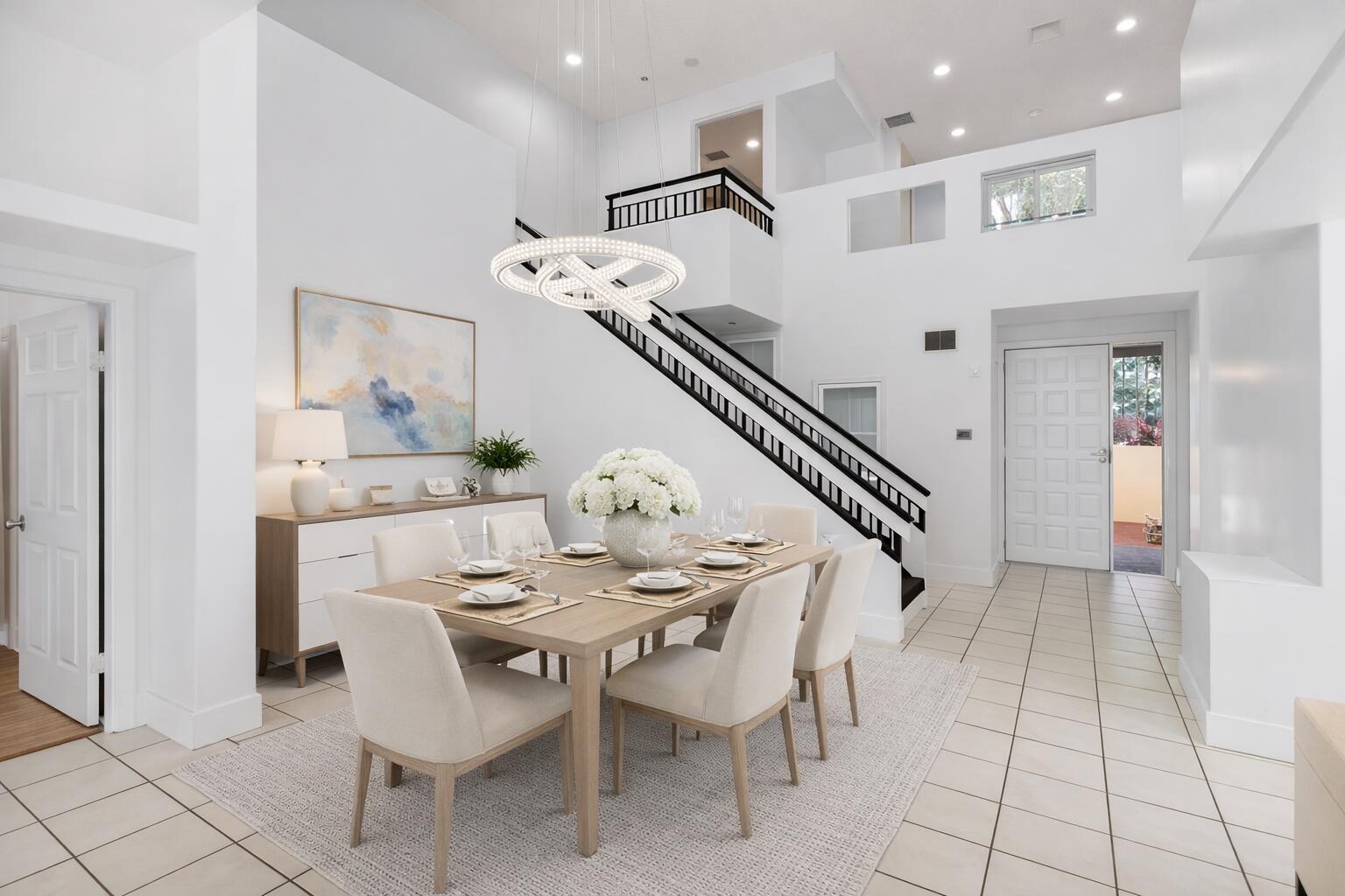 A dining room with a wooden table, modern chandelier, and staircase in a white interior — 7848 Travlers Tree Drive, Boca Raton FL 33433, BOCA RATON, FL