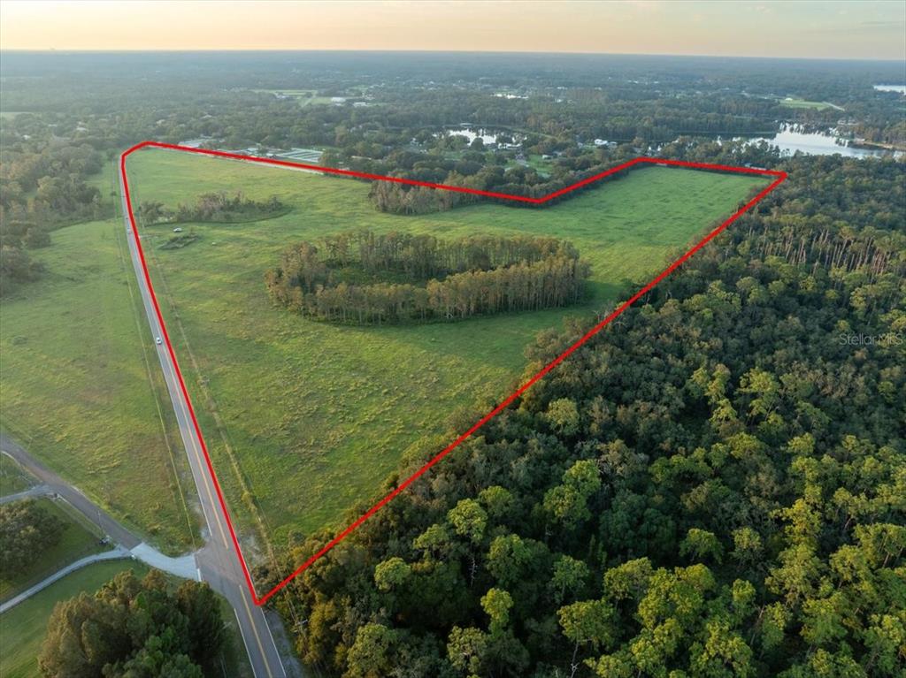 An aerial view shows a large, grassy, triangular plot of land outlined in red — 16405 BOY SCOUT ROAD, ODESSA, FL