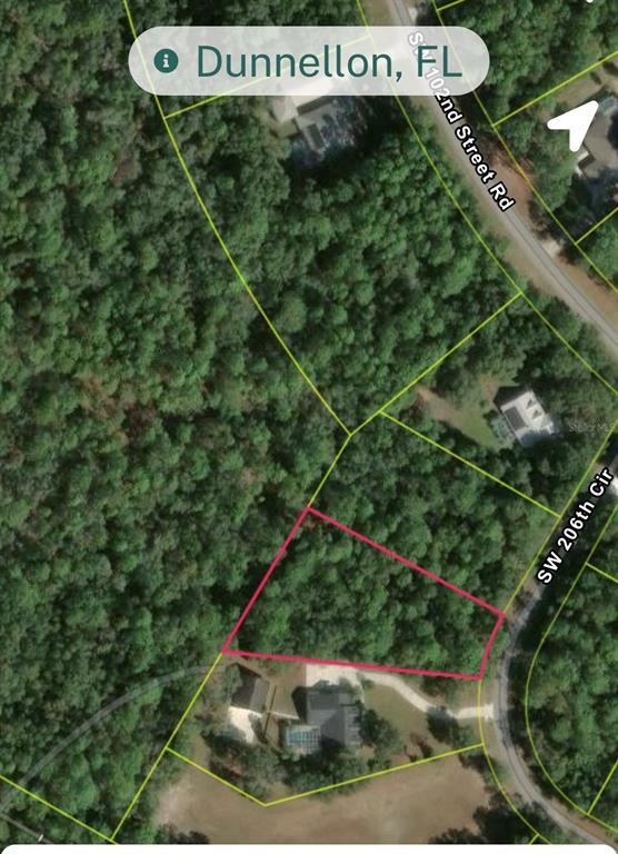 This is an aerial map view showing a vacant, wooded lot outlined in pink — Lot 28 SW 206 CIRCLE, DUNNELLON, FL