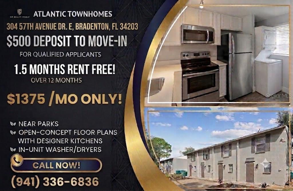 A split-view image shows a modern kitchen with stainless steel appliances and a two-story townhouse — 308 57TH AVENUE DRIVE E UNIT A, BRADENTON, FL