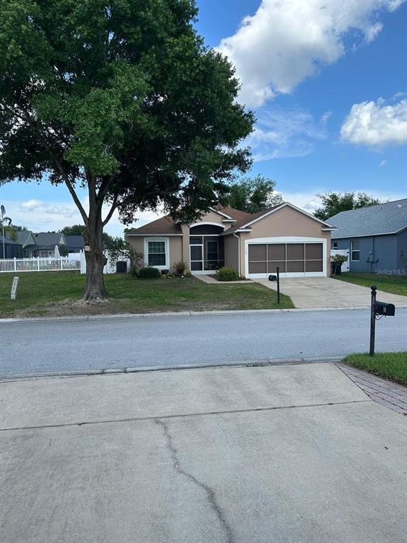 A single-story house with a tan exterior, a large tree, and a concrete driveway — 110 KNOLLWOOD DRIVE, DAVENPORT, FL