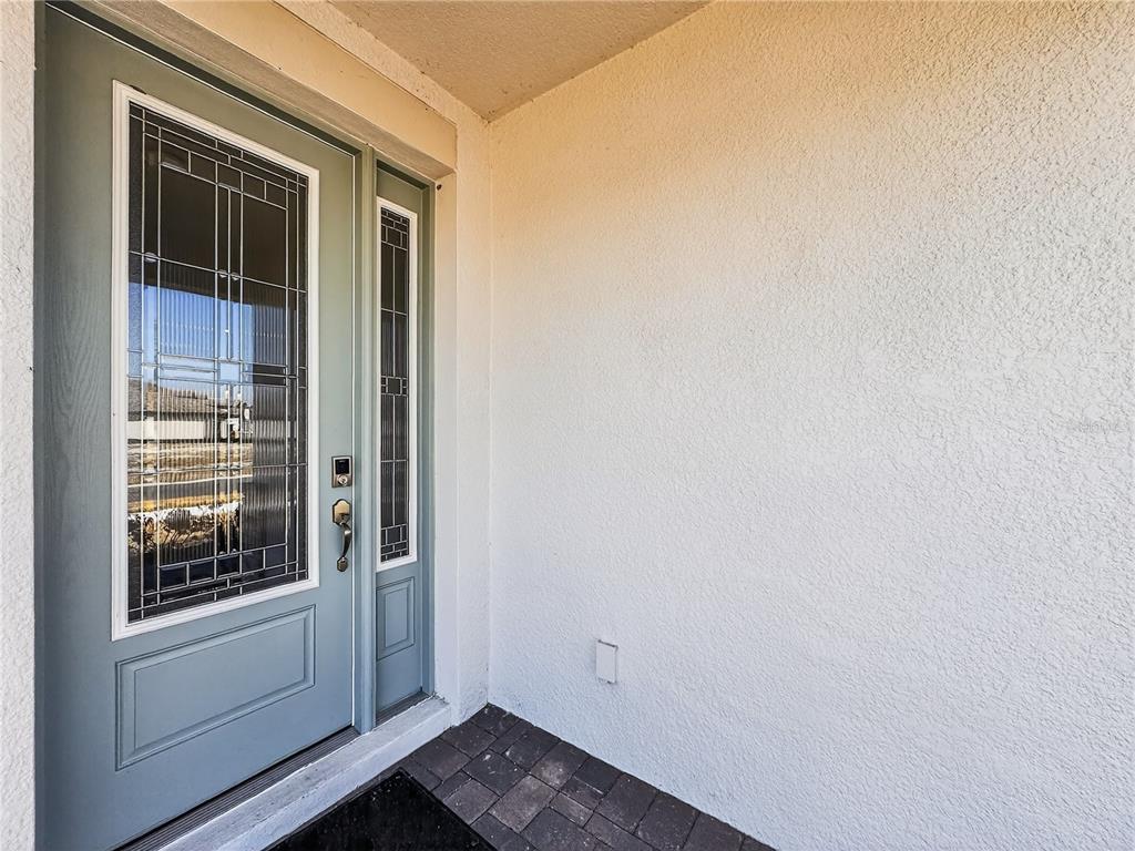 A light blue front door with a glass insert and sidelight sits on a paved porch — 1673 SUTTONSET TRAIL, ZEPHYRHILLS, FL