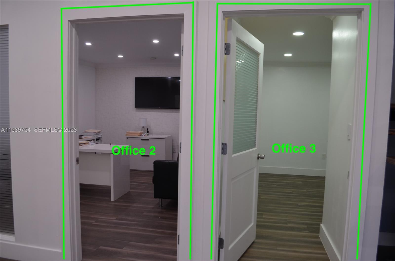 Two adjacent office rooms with white walls and wood-look flooring are visible through open doorways — 7311 NW 12th St # 20, Miami FL 33126, MIAMI, FL