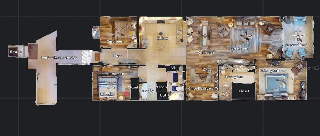 This is a 3D floor plan showing a multi-room residential unit with an elevator entrance — 1340 ROCK DOVE COURT UNIT 143, PUNTA GORDA, FL