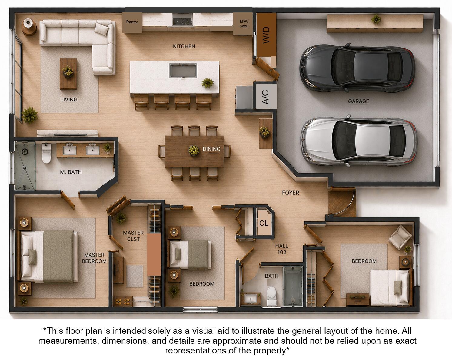 This floor plan rendering shows a three-bedroom home with an open kitchen, dining, and living area — 1073 Aspri Way, Riviera Beach FL 33418, RIVIERA BEACH, FL