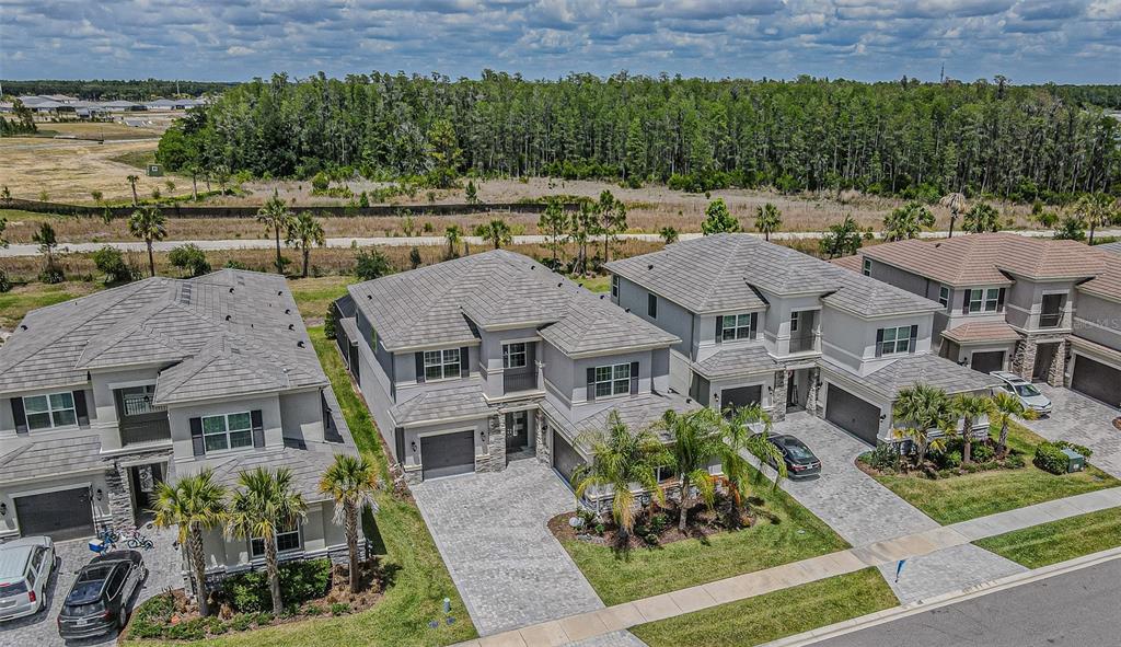 An aerial view shows three modern two-story houses with tiled roofs and paved driveways — 32353 ROSEWOOD MEADOW LANE, WESLEY CHAPEL, FL