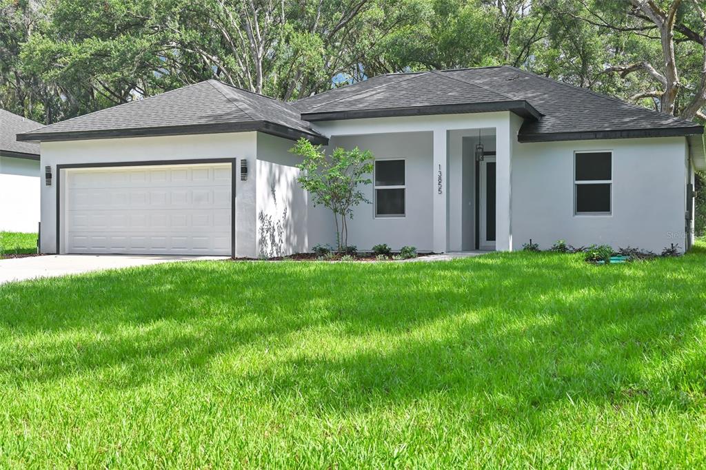 A single-story house with a white stucco exterior, dark roof, and a two-car garage — 13855 SW 110TH PLACE, DUNNELLON, FL