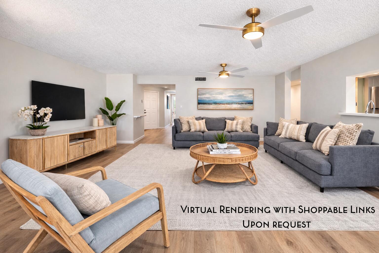 This virtual rendering shows a living room with two gray sofas, a coffee table, and furniture — 110 Half Moon Circle # C1, Hypoluxo FL 33462, HYPOLUXO, FL
