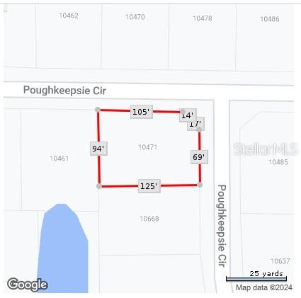 This map shows the property boundaries and dimensions for a residential lot — 10471 POUGHKEEPSIE CIRCLE, PORT CHARLOTTE, FL