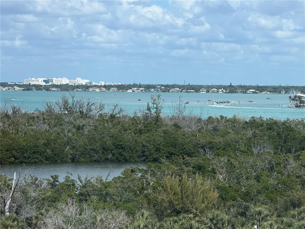 A view of a coastal waterway with dense vegetation in the foreground and distant buildings — 1750 BENJAMIN FRANKLIN DRIVE UNIT 9F, SARASOTA, FL