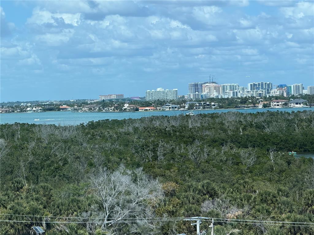 An elevated view of a dense forest overlooking a bay with distant city buildings — 1750 BENJAMIN FRANKLIN DRIVE UNIT 9F, SARASOTA, FL