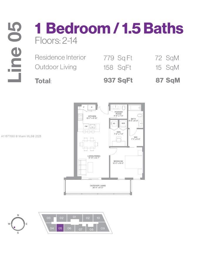 This floor plan shows a one-bedroom, 1.5-bath apartment with an outdoor living area — 2000 Metropica Way # 305, Sunrise FL 33323, SUNRISE, FL
