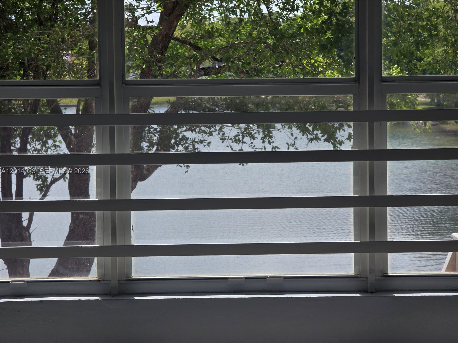 A view of a lake and trees through a window with horizontal security bars — 19080 NE 3rd Ct # 314, Miami FL 33179, MIAMI, FL
