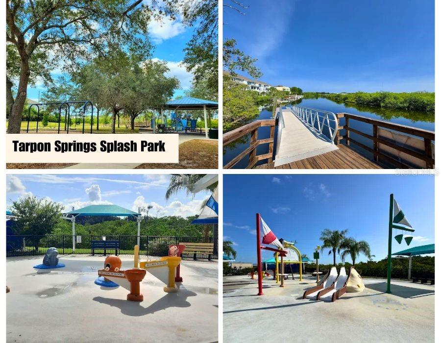 A four-panel collage shows the Tarpon Springs Splash Park, a wooden dock, and playground equipment — 1650 BOLD LANE, HOLIDAY, FL