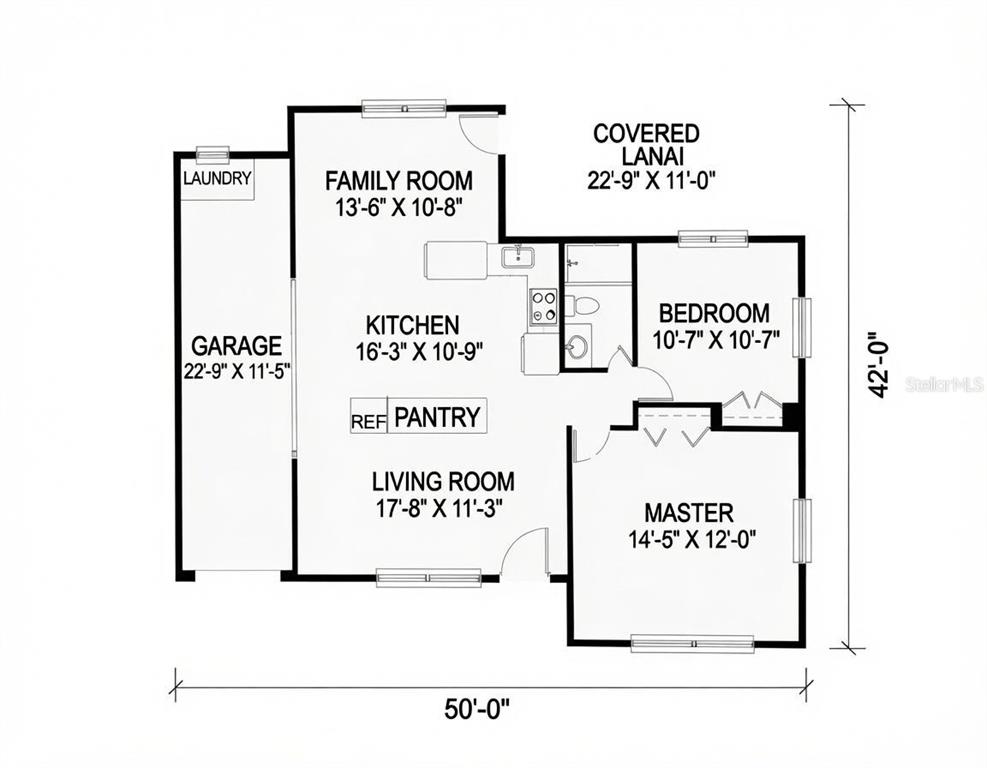 This is a floor plan of a house featuring a garage, kitchen, and two bedrooms — 1650 BOLD LANE, HOLIDAY, FL
