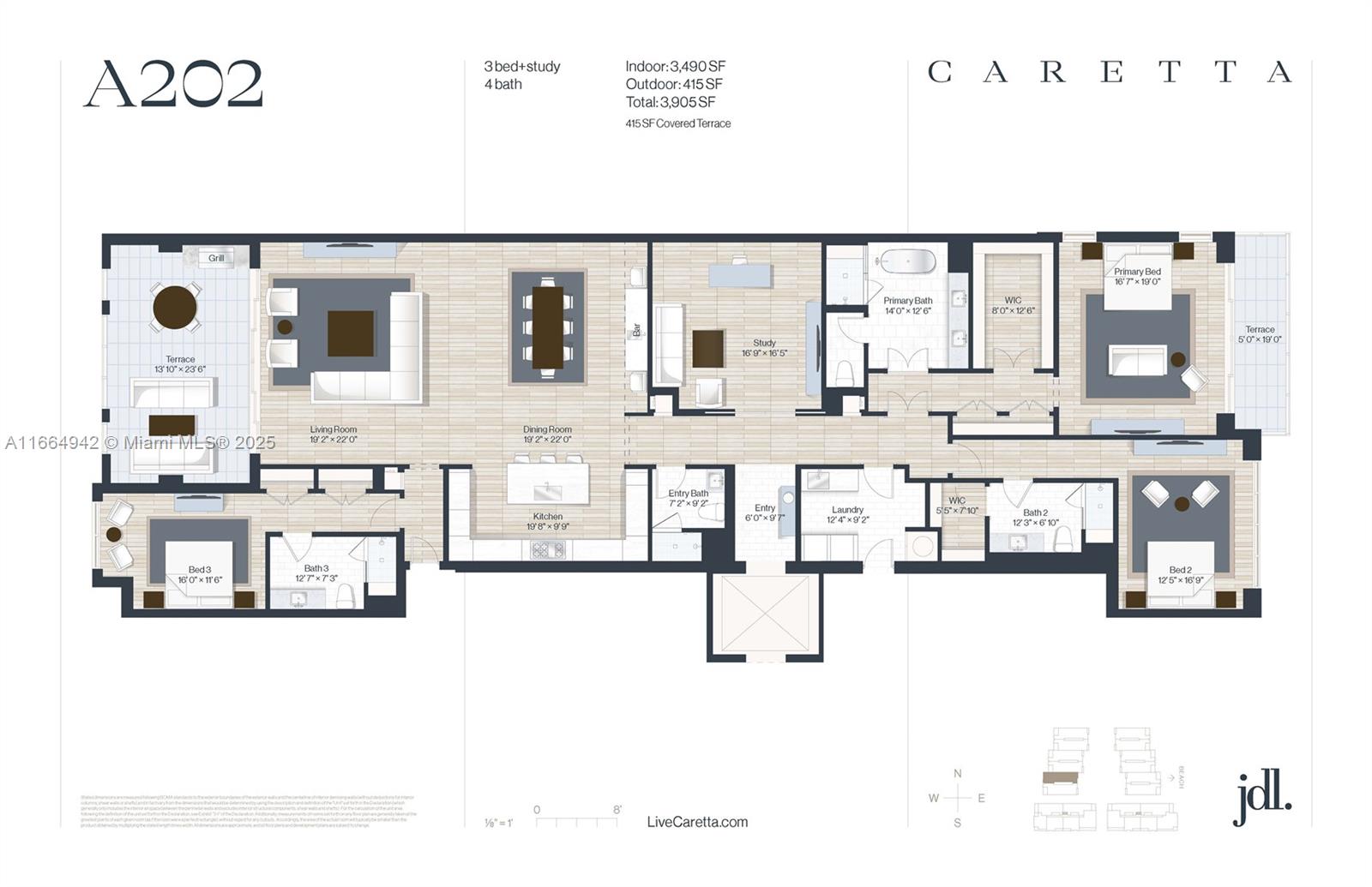 This floor plan shows a three-bedroom, four-bathroom apartment with a large terrace and study — 1011 US Highway One # A202, Juno Beach FL 33408, JUNO BEACH, FL