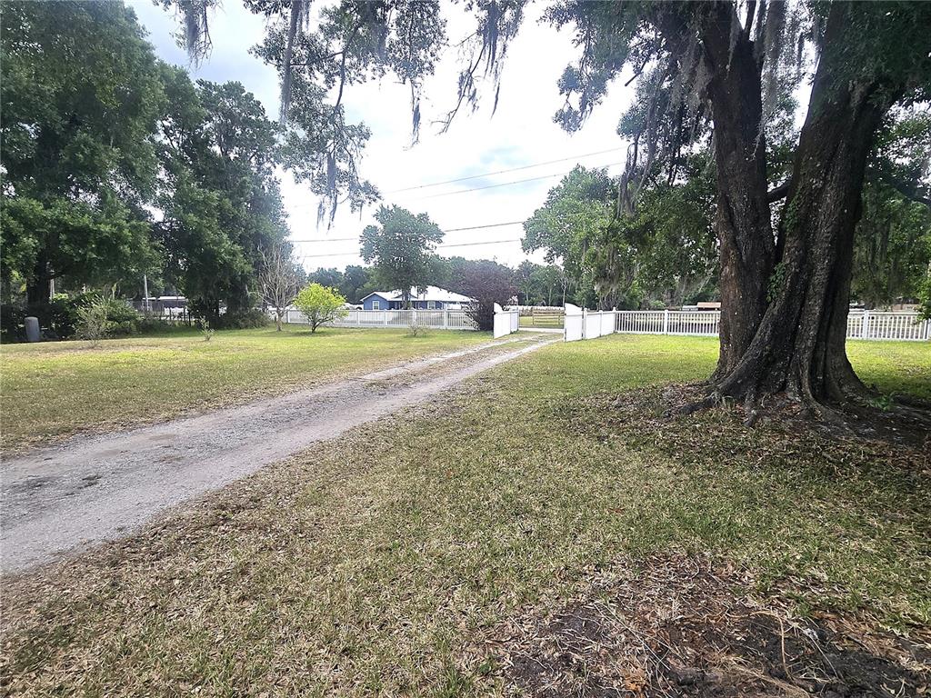 A gravel driveway leads through a white fence toward a house in a grassy yard — 1214 JERRY SMITH ROAD, DOVER, FL