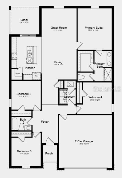 This is a floor plan for a single-story house with four bedrooms and a garage — 208 STREAMWATER WAY, GROVELAND, FL