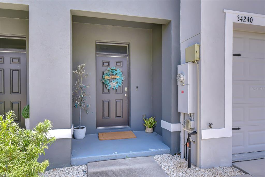 A gray exterior entryway features a dark front door with a wreath and a garage — 34240 REDWOOD DAWN LANE, WESLEY CHAPEL, FL
