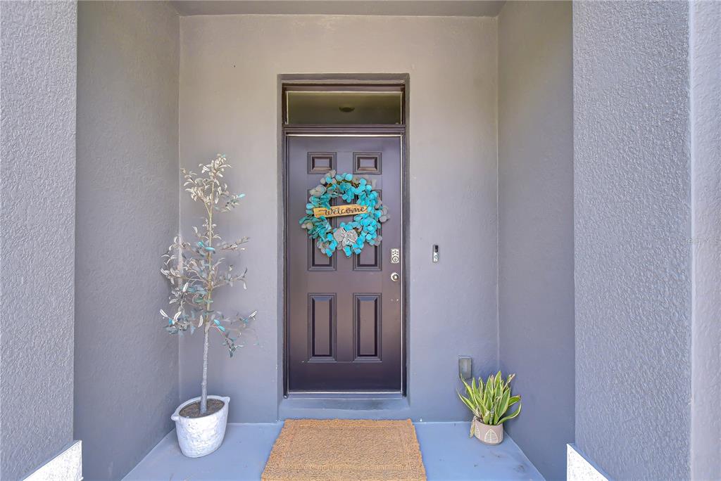 A dark front door with a teal wreath sits in a recessed entryway — 34240 REDWOOD DAWN LANE, WESLEY CHAPEL, FL