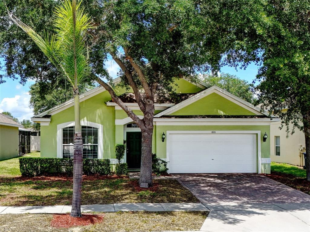 A single-story house with light green stucco siding, a white garage door, and a palm tree — 826 ANDALUSIA LOOP, DAVENPORT, FL