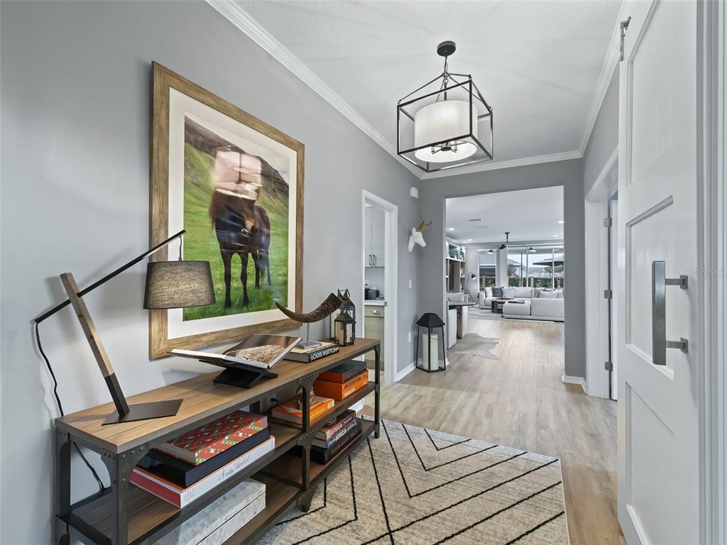 A modern entryway features a console table, framed artwork, a geometric rug, and overhead lighting — 5672 NW 40TH PLACE, OCALA, FL