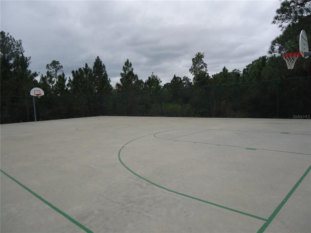 An outdoor concrete basketball court is enclosed by a chain-link fence and surrounded by trees — 404 CINNAMON DRIVE, KISSIMMEE, FL
