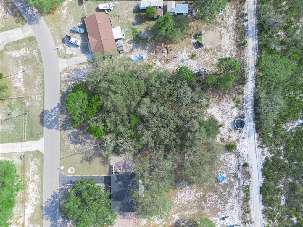 An aerial view shows two houses on a wooded lot with a dirt driveway — LEMON DRIVE, LAKE WALES, FL