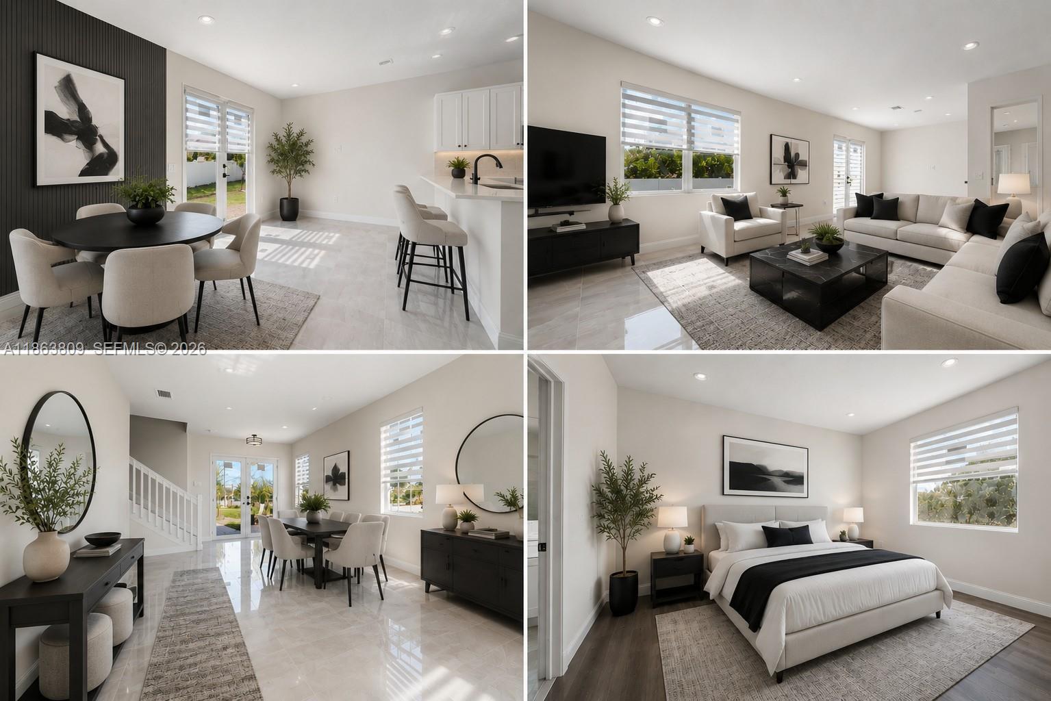 A collage showing a modern home interior with a dining area, living room, and bedroom — 5400 NW 57th Ct, Tamarac FL 33319, TAMARAC, FL