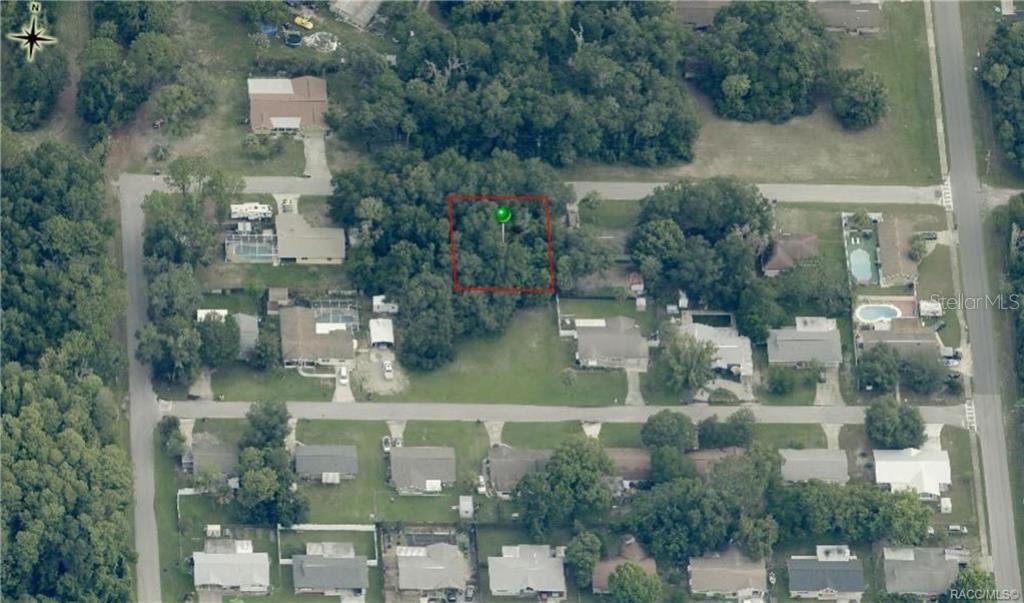 An aerial view shows a rectangular wooded lot outlined in red within a residential neighborhood — 1134 NE 1ST TERRACE, CRYSTAL RIVER, FL